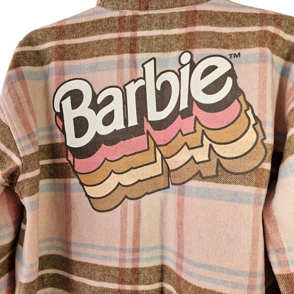 Mad Engine Pink Plaid Barbie Flannel Shirt Womens S/M Button Up Long Slv Pockets - Picture 7 of 9